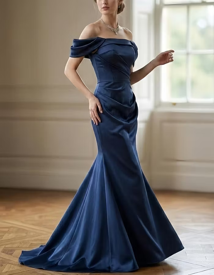 Navy Blue Off-the-Shoulder Ruched Satin Maxi Dress