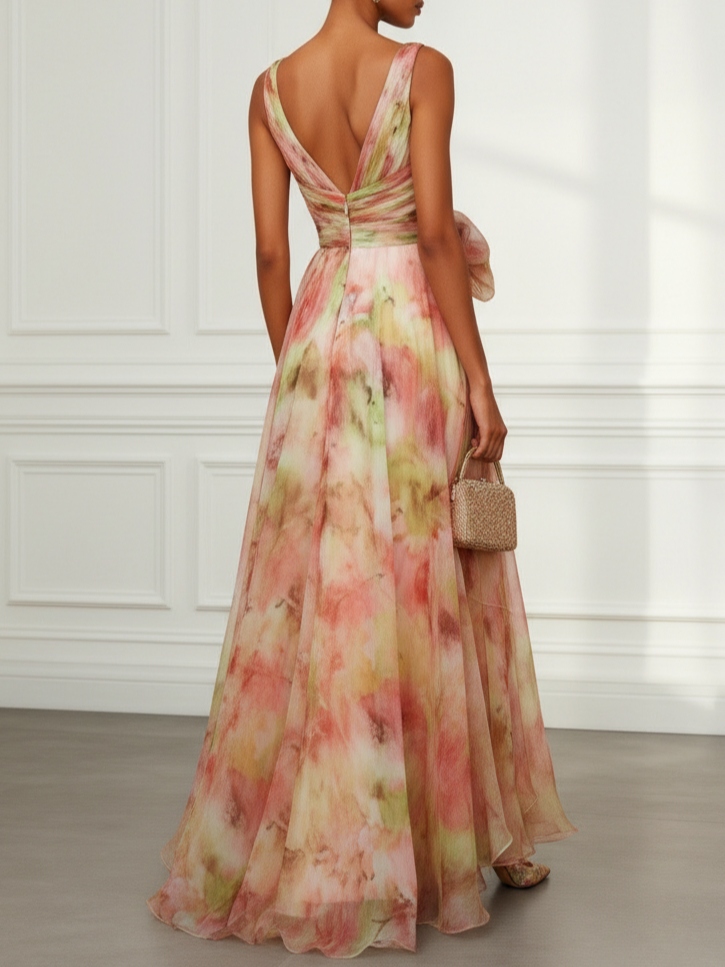 Pink Floral Bow Tulle V Neck Sleeveless A-Line Gown Dress