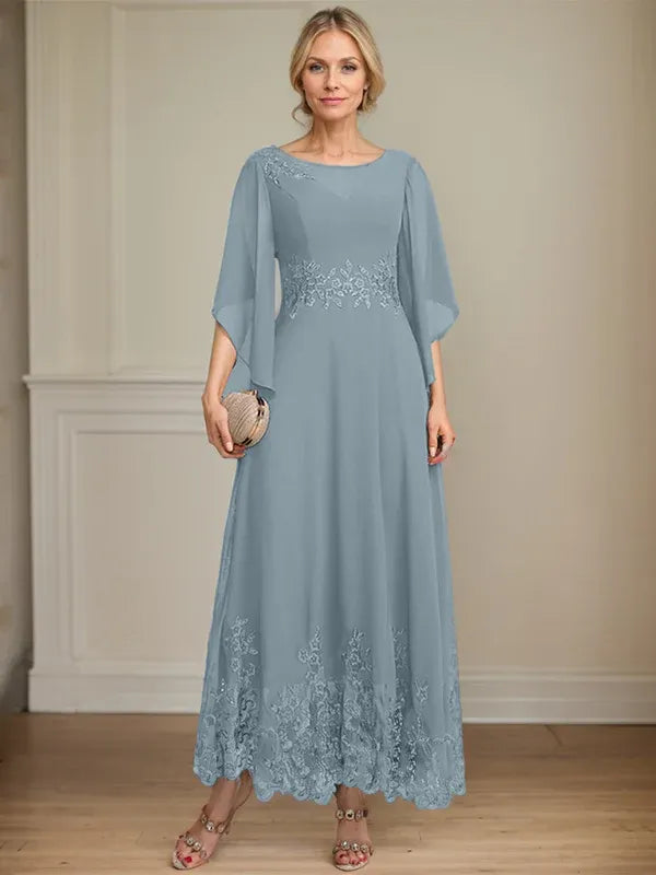 A-line Scoop Illusion Ankle-Length Lace Chiffon Mother of the Bride Dress With Sequins