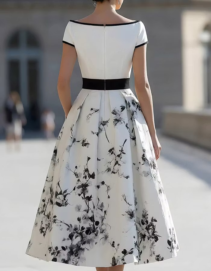White & Black Floral Print Off-the-Shoulder Satin Midi Dress