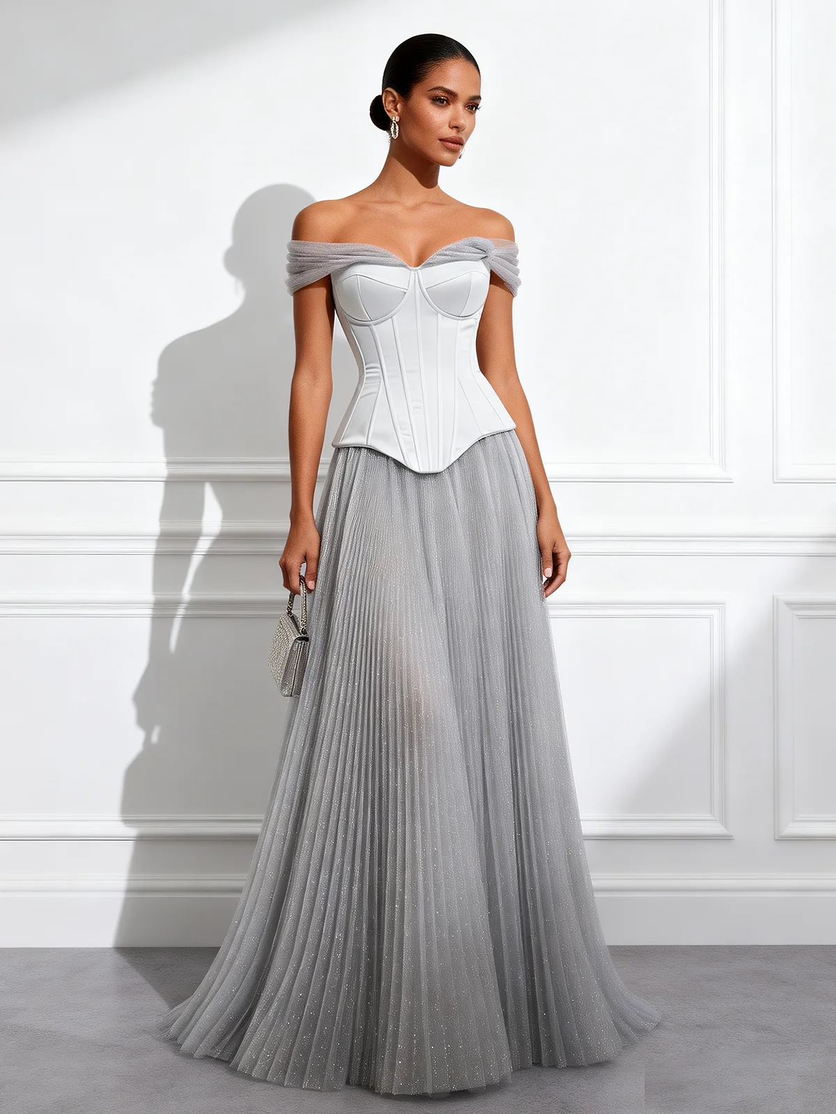 Light Gray Ruched Pleated Tulle Off The Shoulder Short Sleeve A-Line Floor Length Dress