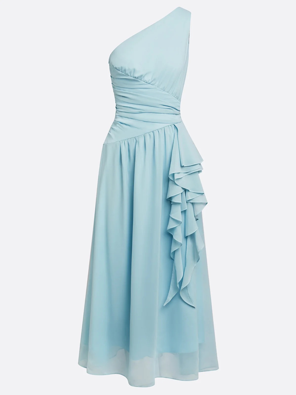 Light Blue Ruffled Ruched Chiffon One Shoulder Sleeveless A-Line Maxi Dress