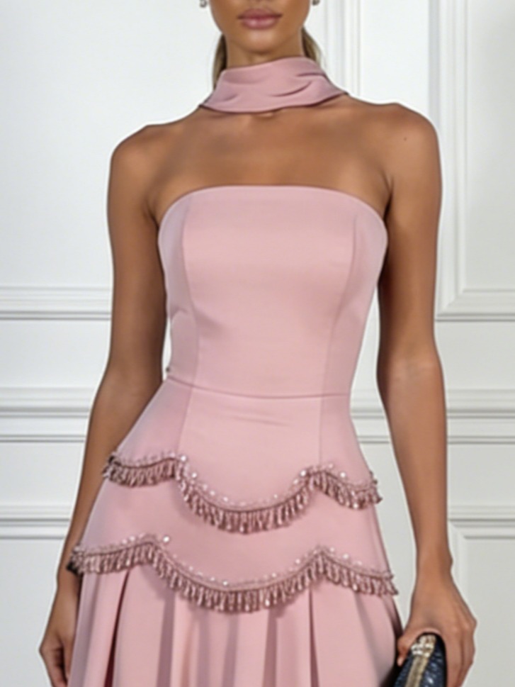 Pink Stitching Lace Classic Strapless Sleeveless A-Line Maxi Dress