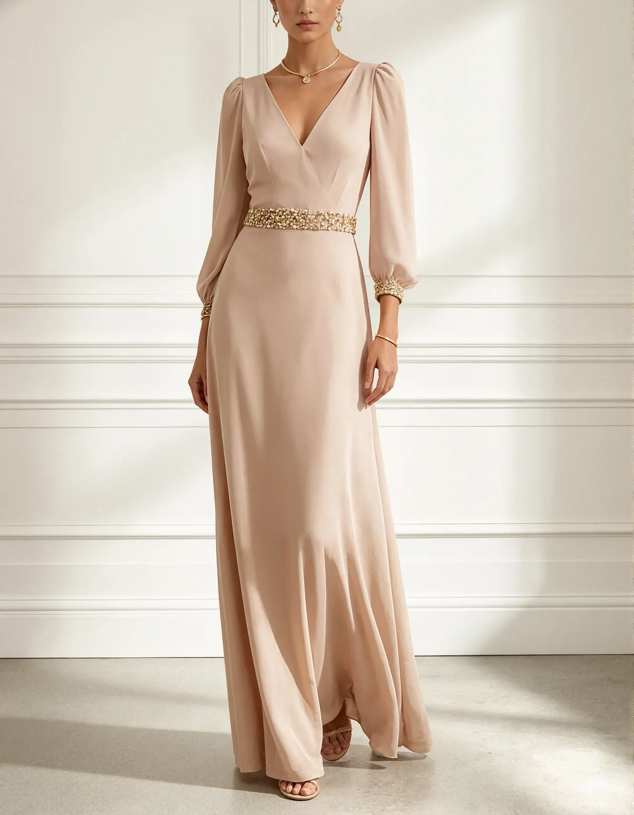 Nude Chiffon Long Sleeved V-Neck Maxi Dress
