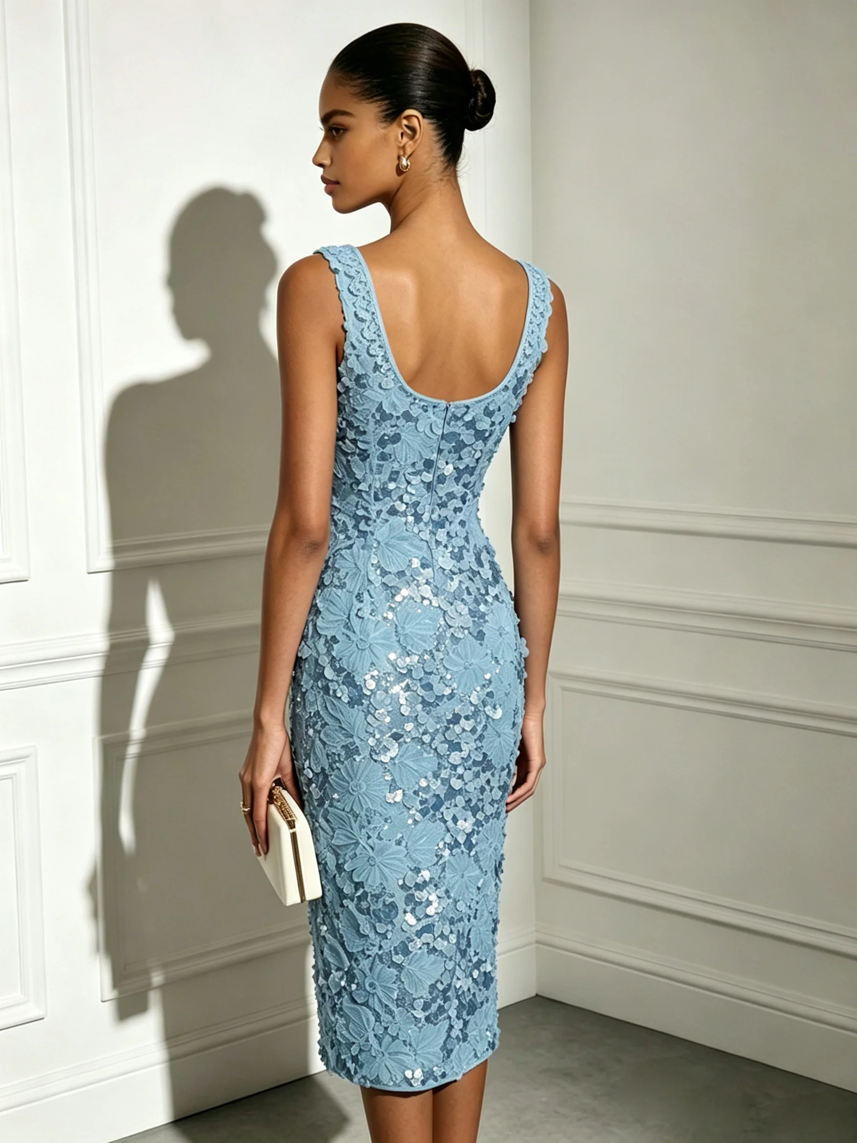 Light Blue Rhinestone 3D Floral Sequin U-Neck Sleeveless Sheath Midi Dress