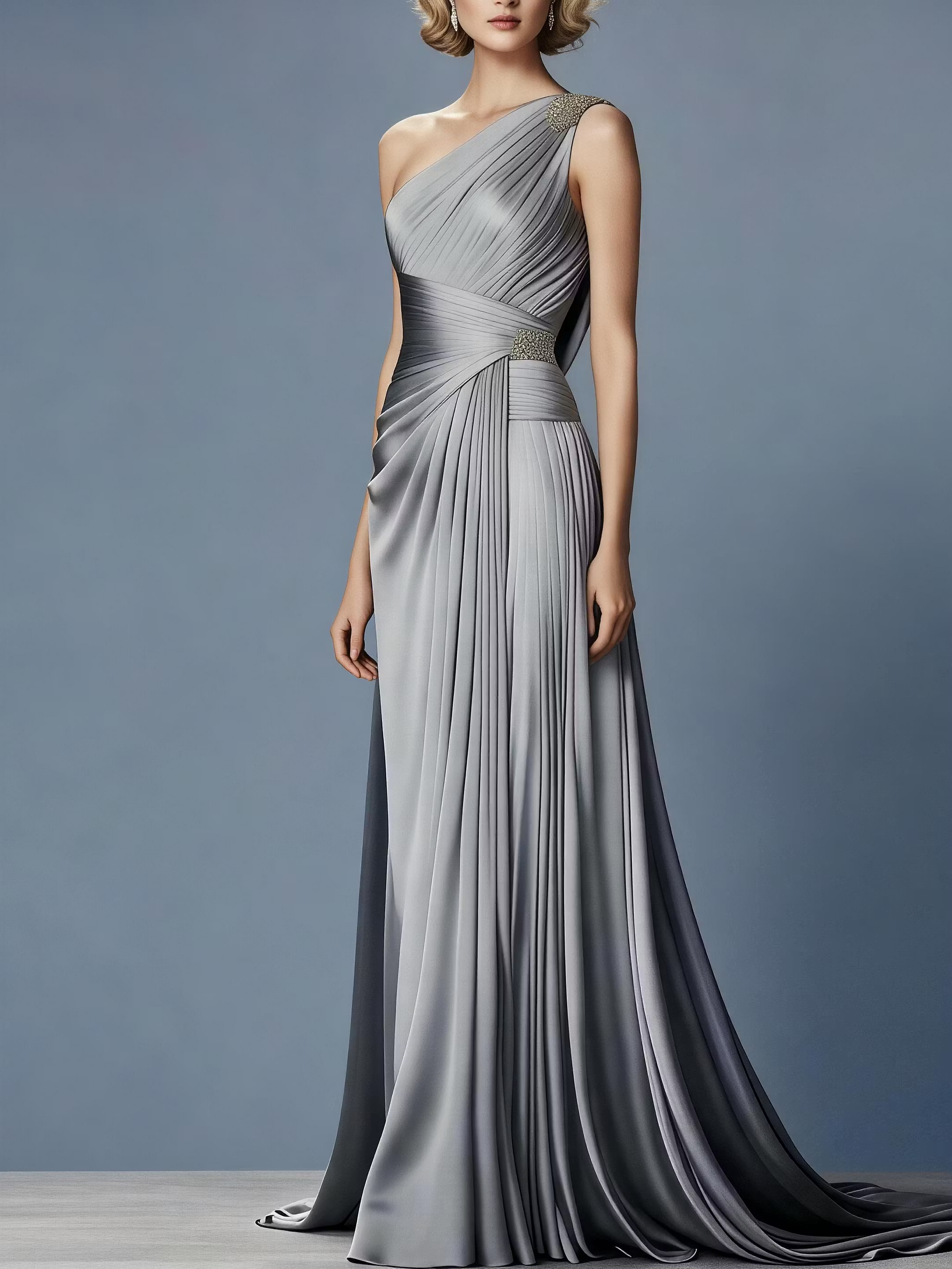 Silver Grey One-Shoulder Pleated Satin Maxi Dress