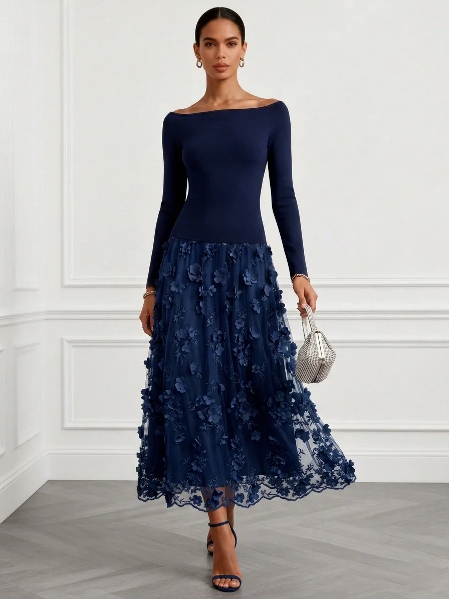 Purplish Blue 3D Floral Classic Boat Neck Long Sleeve A-Line Midi Dress