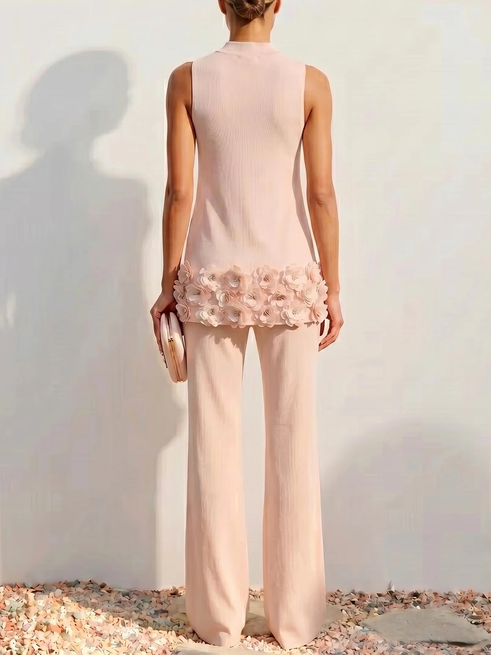 Women Pink 3D Floral Lapel Collar Sleeveless Elegant Top With Pants Two-Piece Set