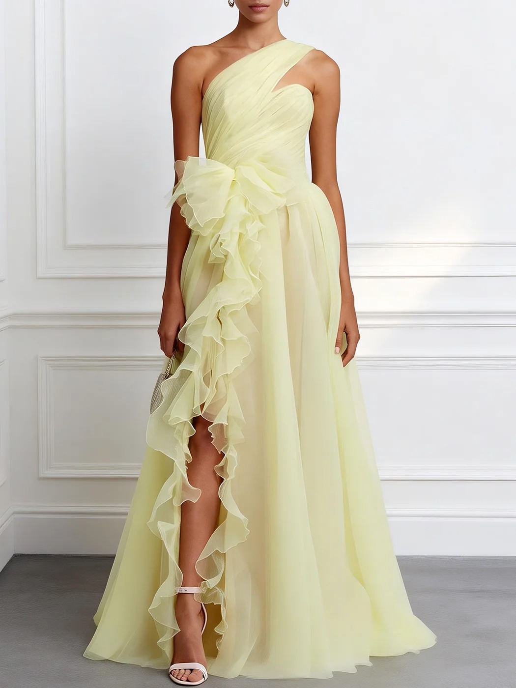 Light Yellow Ruffled Side-Slit Tulle One Shoulder Sleeveless A-Line Maxi Dress