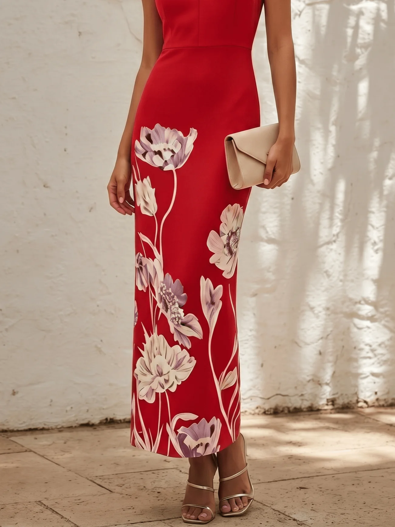 Red Floral Classic V Neck Sleeveless Sheath Maxi Dress