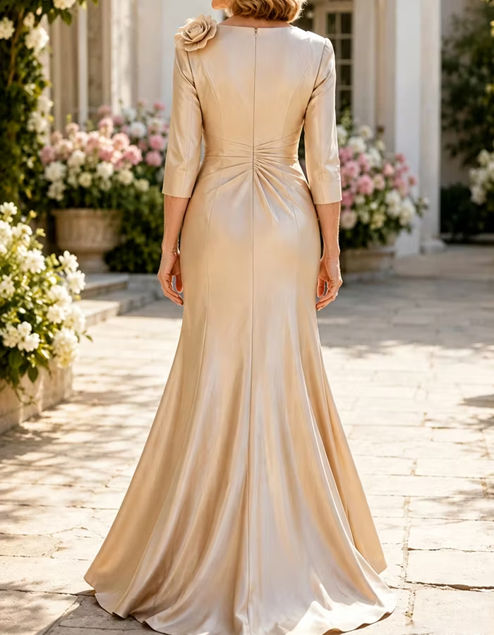 Champagne Deep V 3/4 Sleeve 3D Rose Satin Maxi Dress