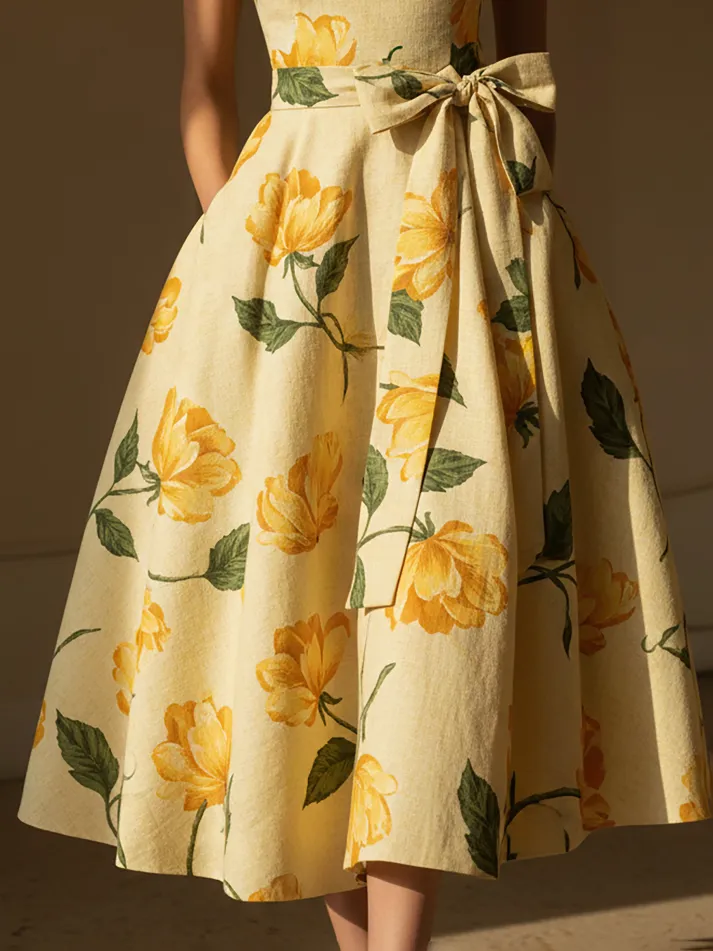 Midi Linen Dress, Cap Sleeves, Round Neck, Floral, Bow, Vintage, Yellow