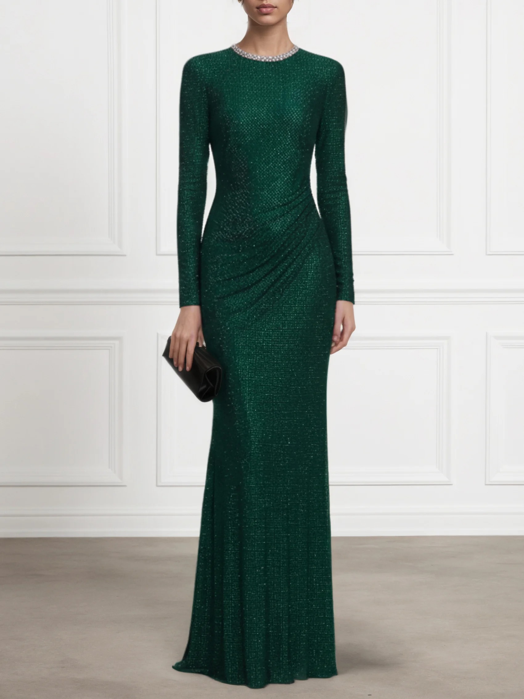 Green Rhinestone Sequin Crew Neck Long Sleeve Sheath Gown Dress