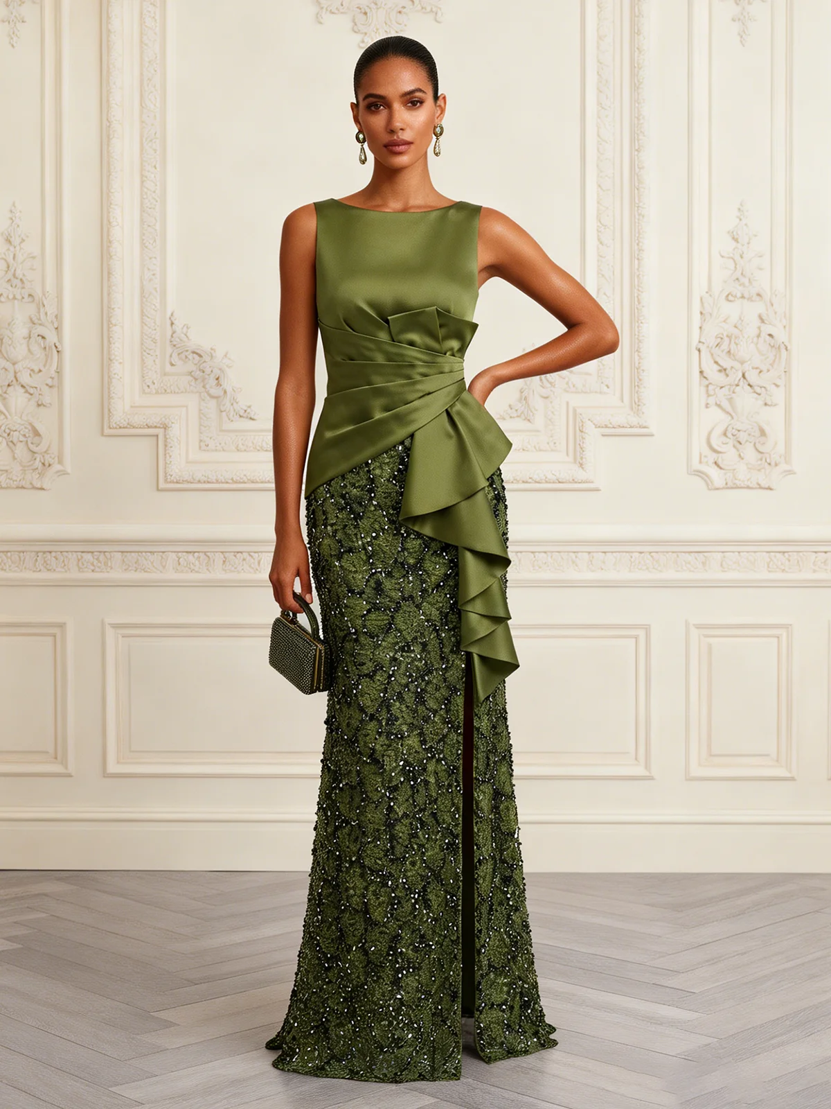 Green Ruffled Sequin Notched Sleeveless Mermaid Gown Dress