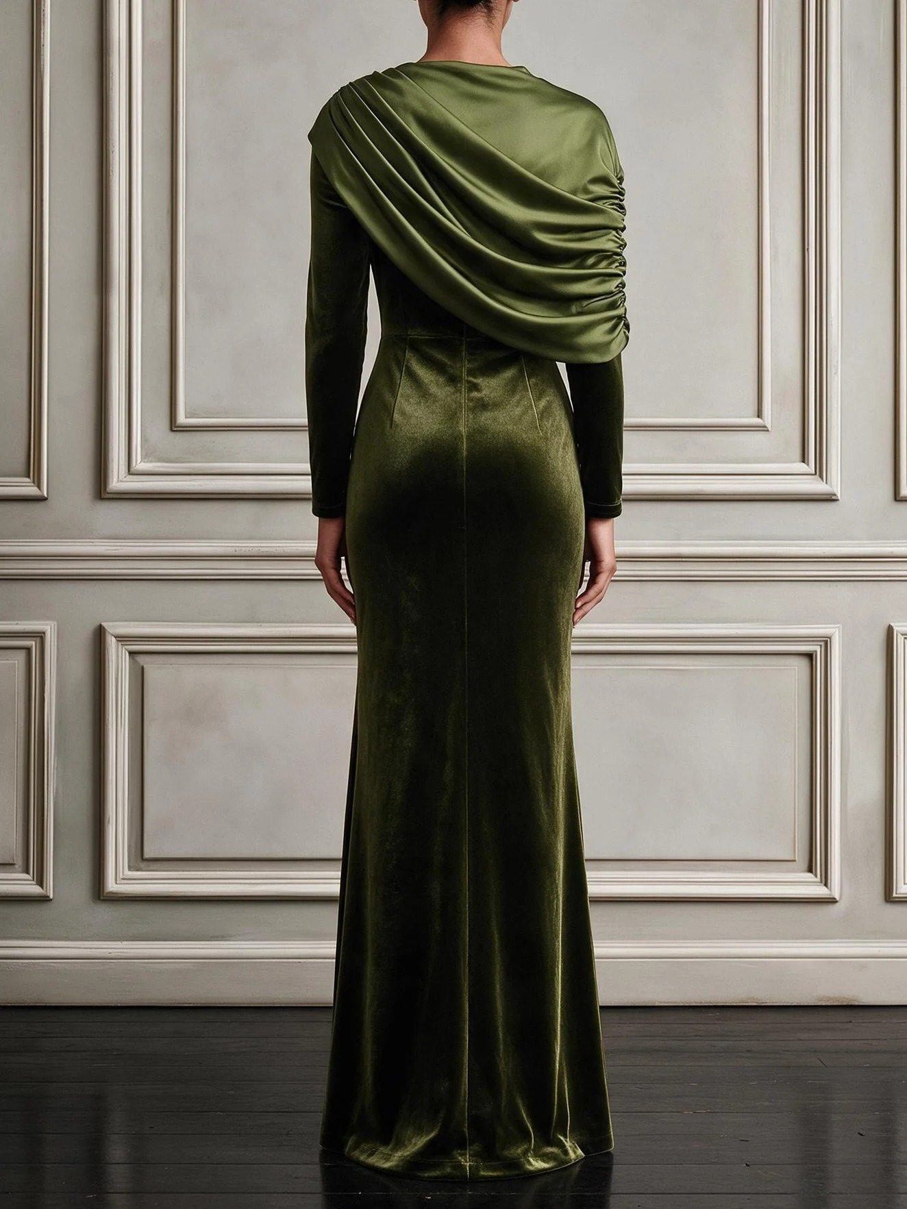 Army Green Ruched Velvet Mock Neck Long Sleeve Mermaid Floor-length Gown Dress