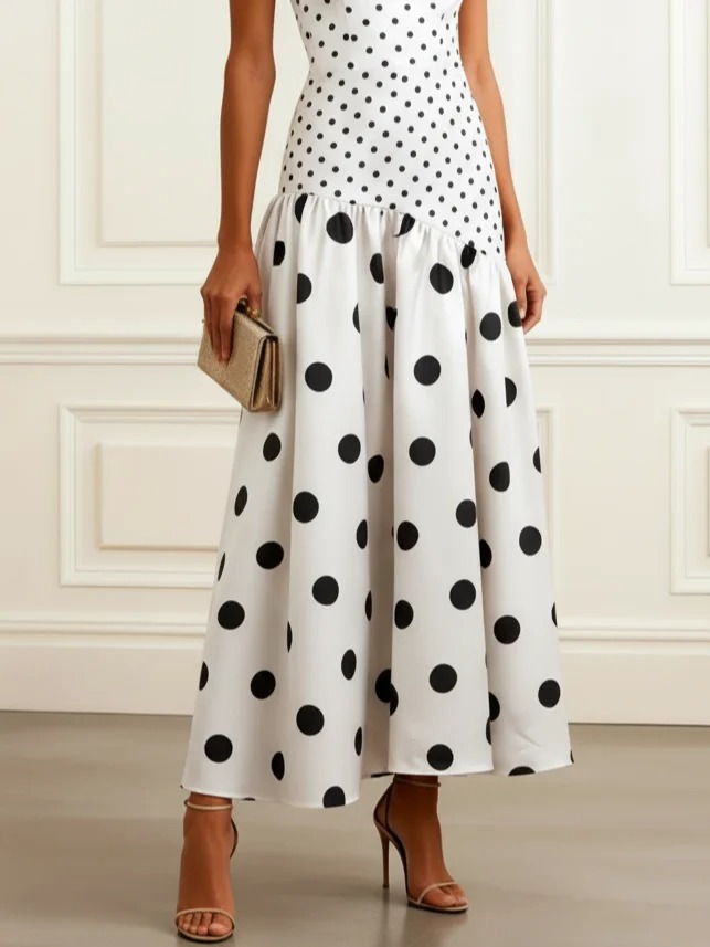 White Polka Dots Satin Square Neck Sleeveless A-Line Maxi Dress