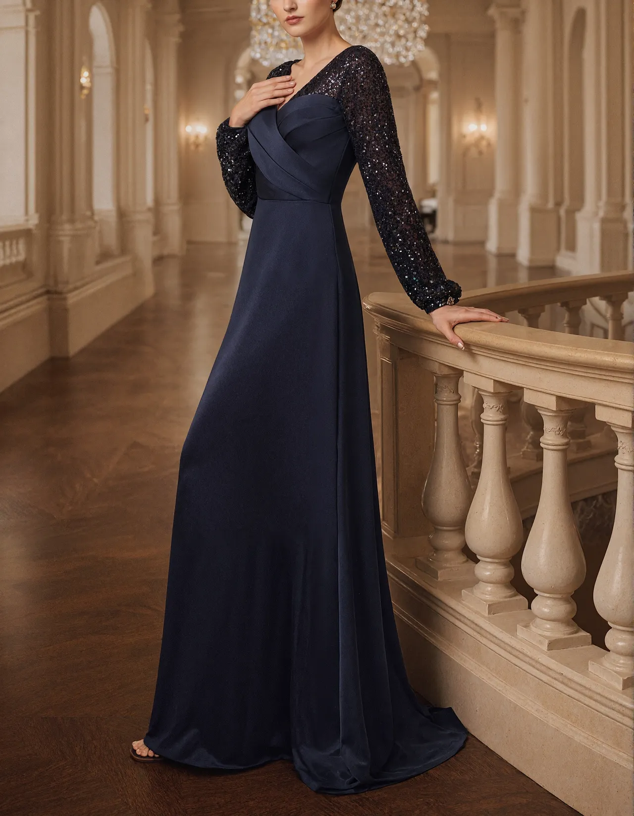 Dark Blue V-neck Long Sleeve With Sequins Maxi Dress