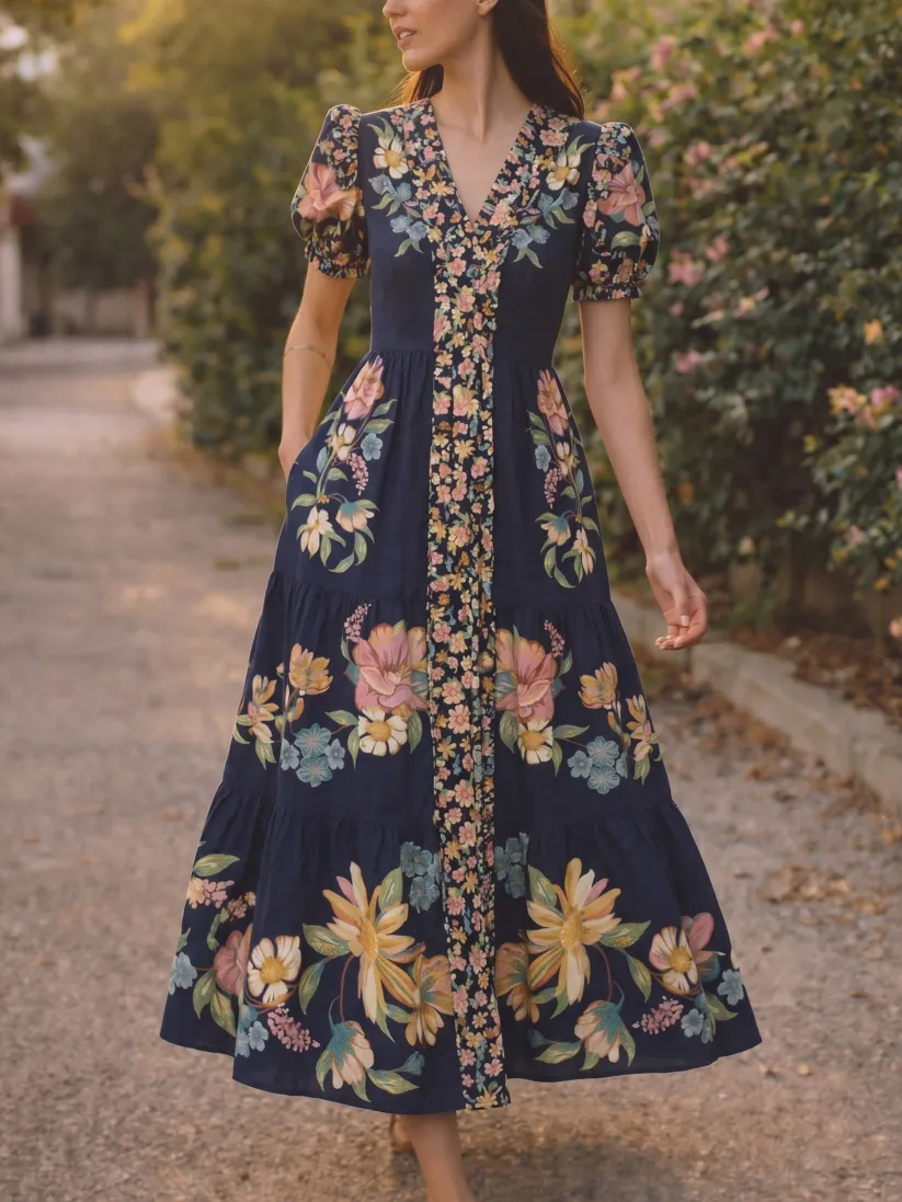 Maxi Linen Dress, Short Sleeves, V Neck, Floral, Pocket Design, Vacation, Vintage, Purplish Blue