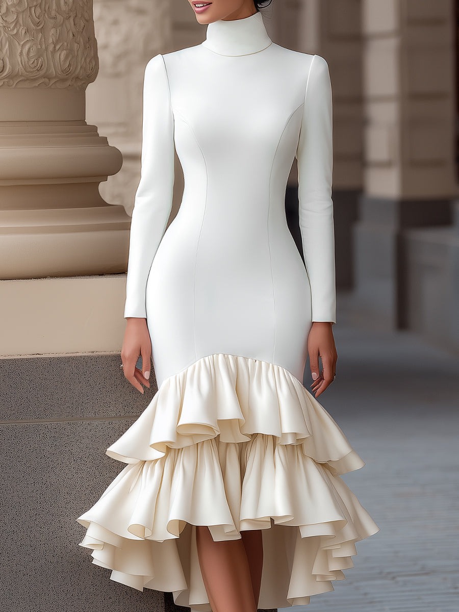 High-Neck Mermaid Dress With Tiered Cascading Ruffles