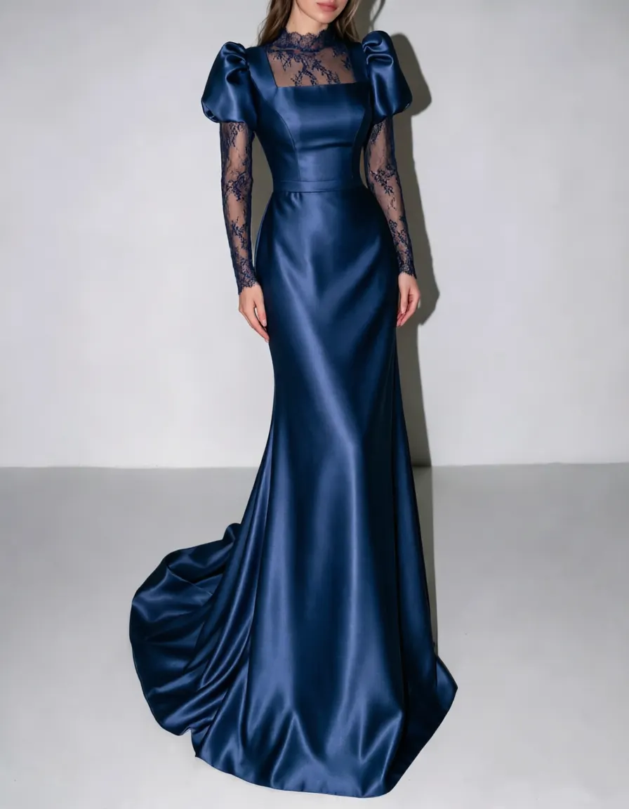 High Neck Lace Long Sleeve Satin Mermaid Evening Maxi Dress