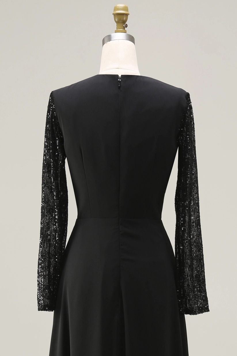 Elegant Evening Black Dress Shiny Long Sleeve Maxi Dress