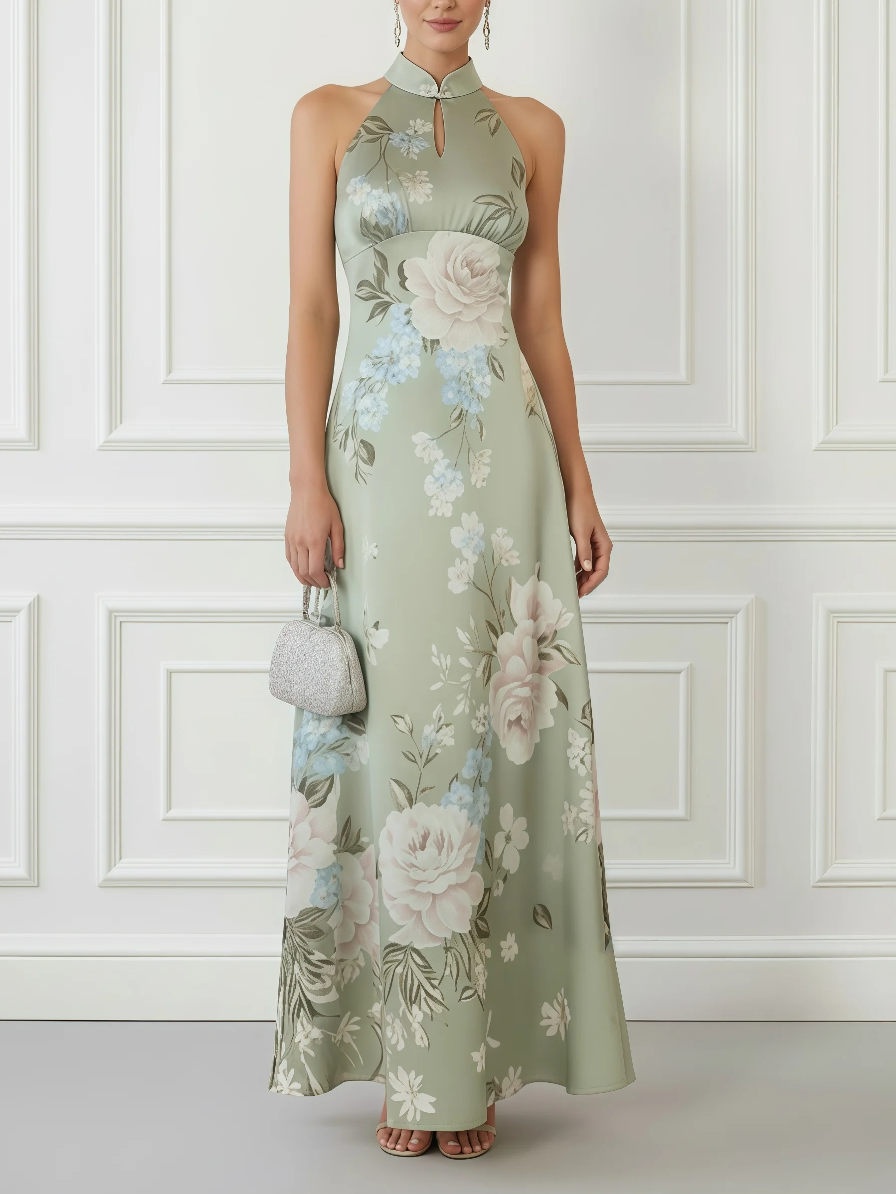 Lightgreen Floral Satin Mock Neck Sleeveless A-Line Maxi Dress