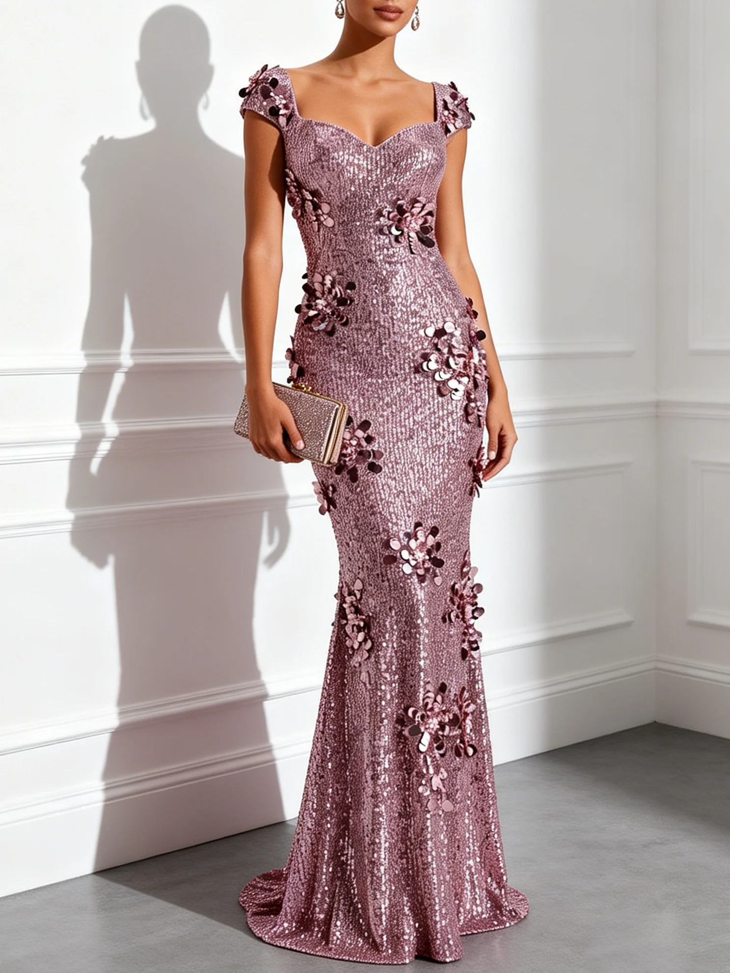 Pink 3D Floral Sequin Sweetheart Neckline Short Sleeve Mermaid Floor-length Gown Dress
