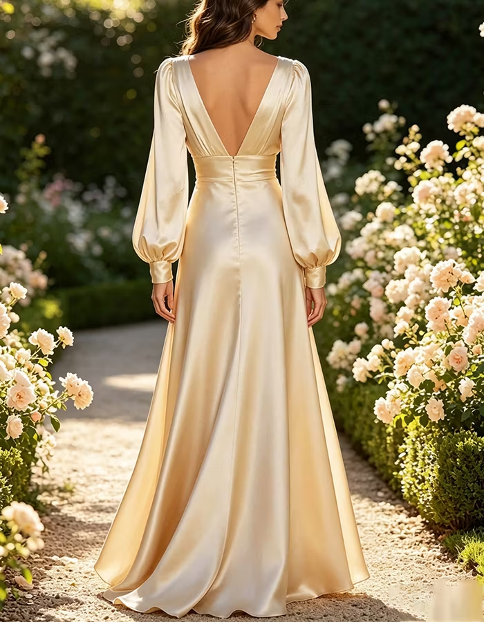Satin Deep V Puff Long Sleeve A‑Line Maxi Dress