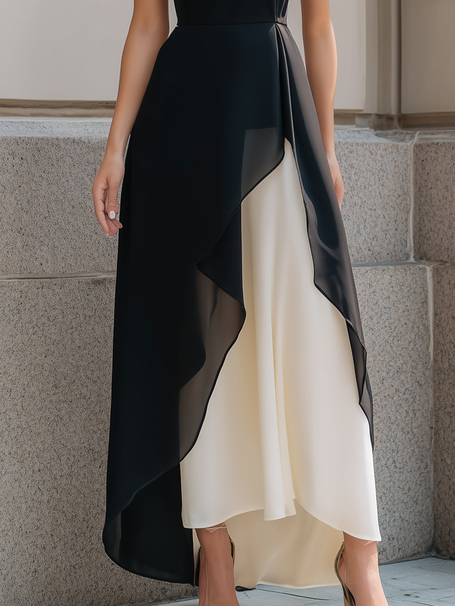 Black Layered Asymmetric Chiffon Maxi Dress