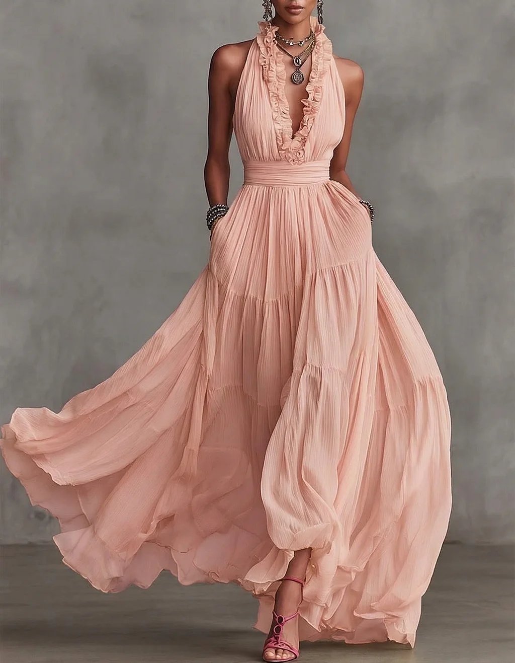 Chiffon V-neck Halter Neck Ruffled Trim Cinched Waist Maxi Dress