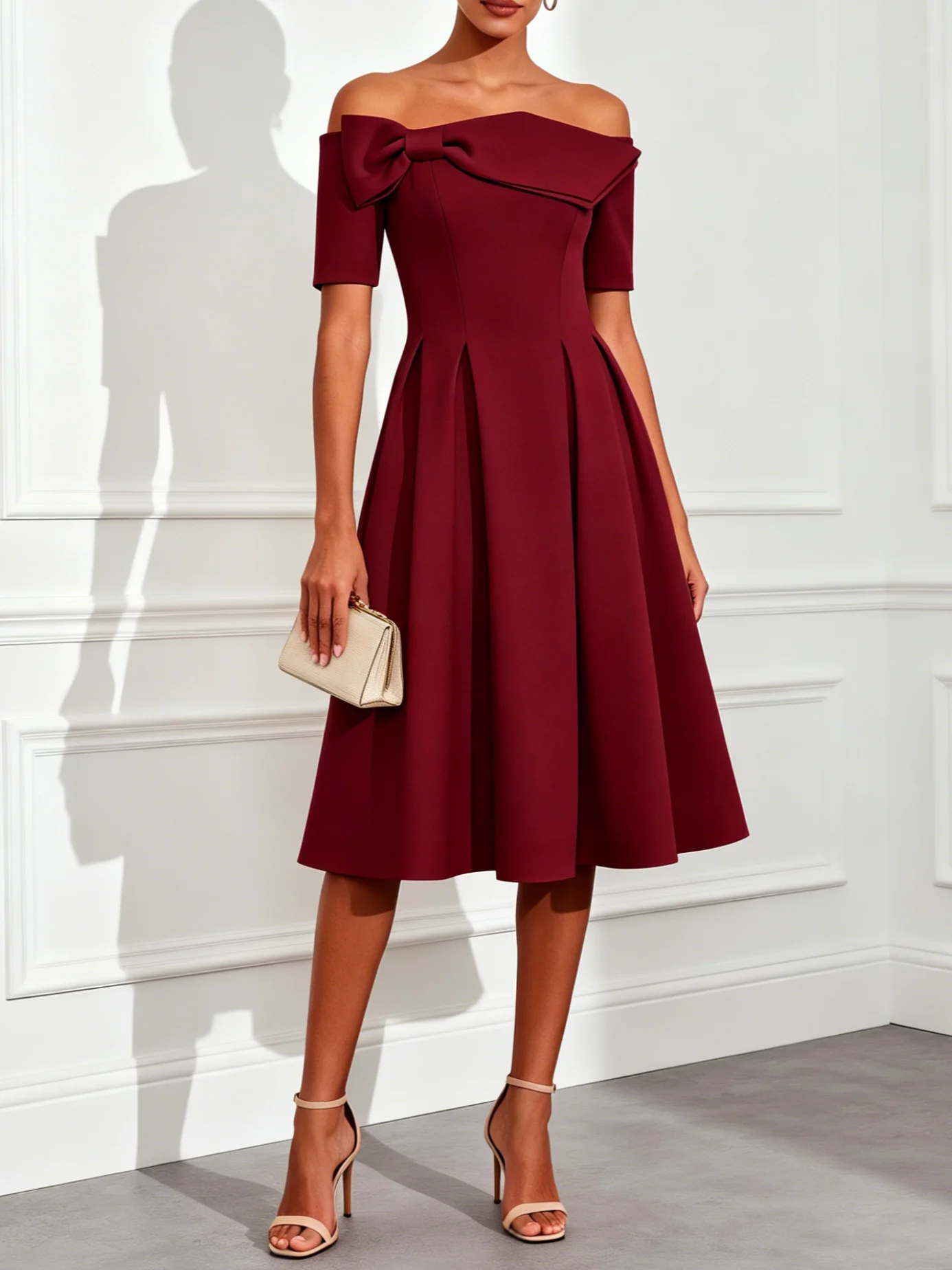 Burgundy Bow Classic Off The Shoulder Short Sleeve A-Line Midi Dress