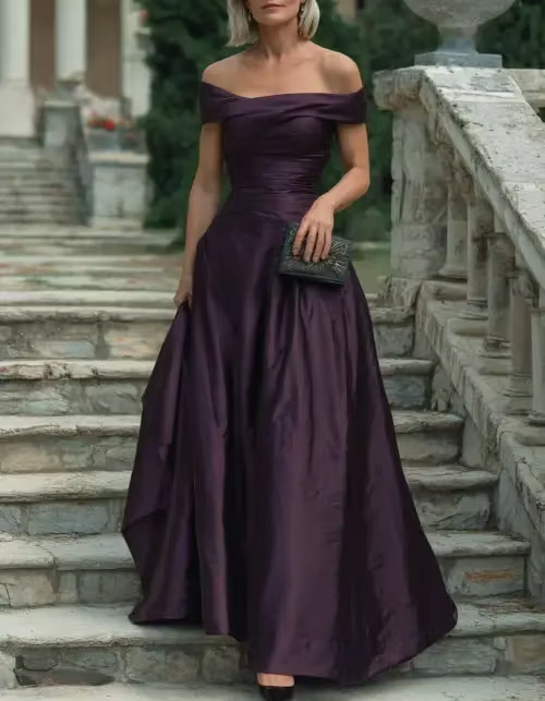Dark Purple Off-the-Shoulder Satin A-Line Maxi Dress