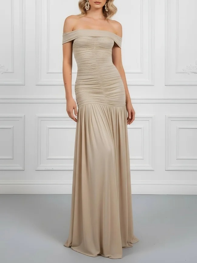 Light Khaki Ruched Knit Off The Shoulder Sleeveless A-Line Maxi Dress