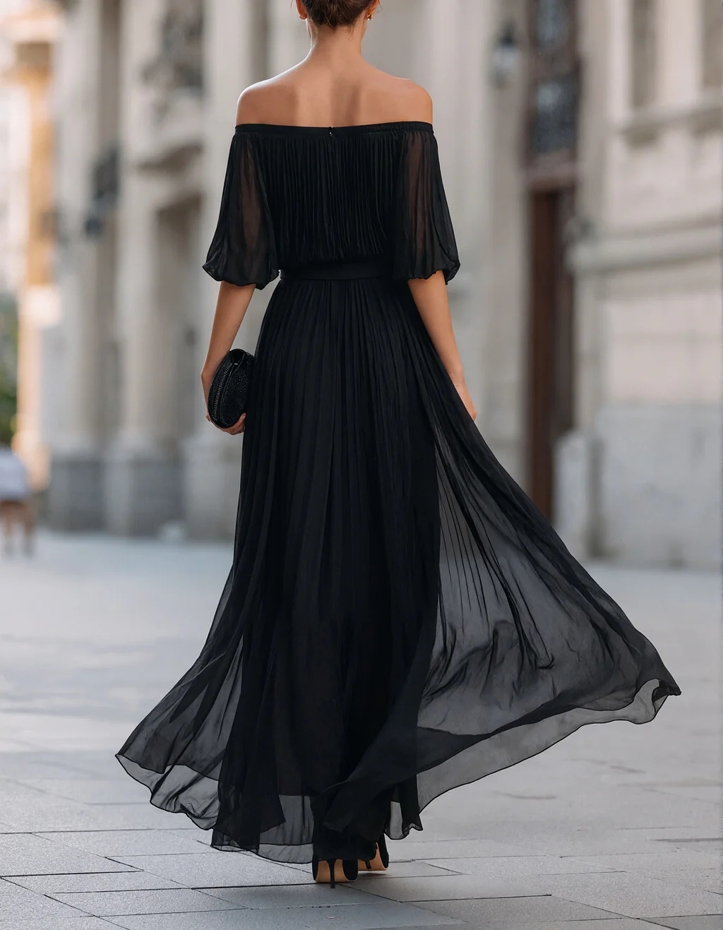 Black Off Shoulder Chiffon Slit Maxi Dress