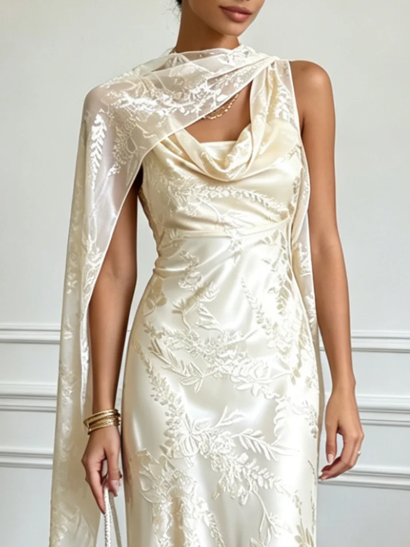 White Jacquard Classic Cowl Neck Sleeveless Mermaid Floor-length Gown Dress