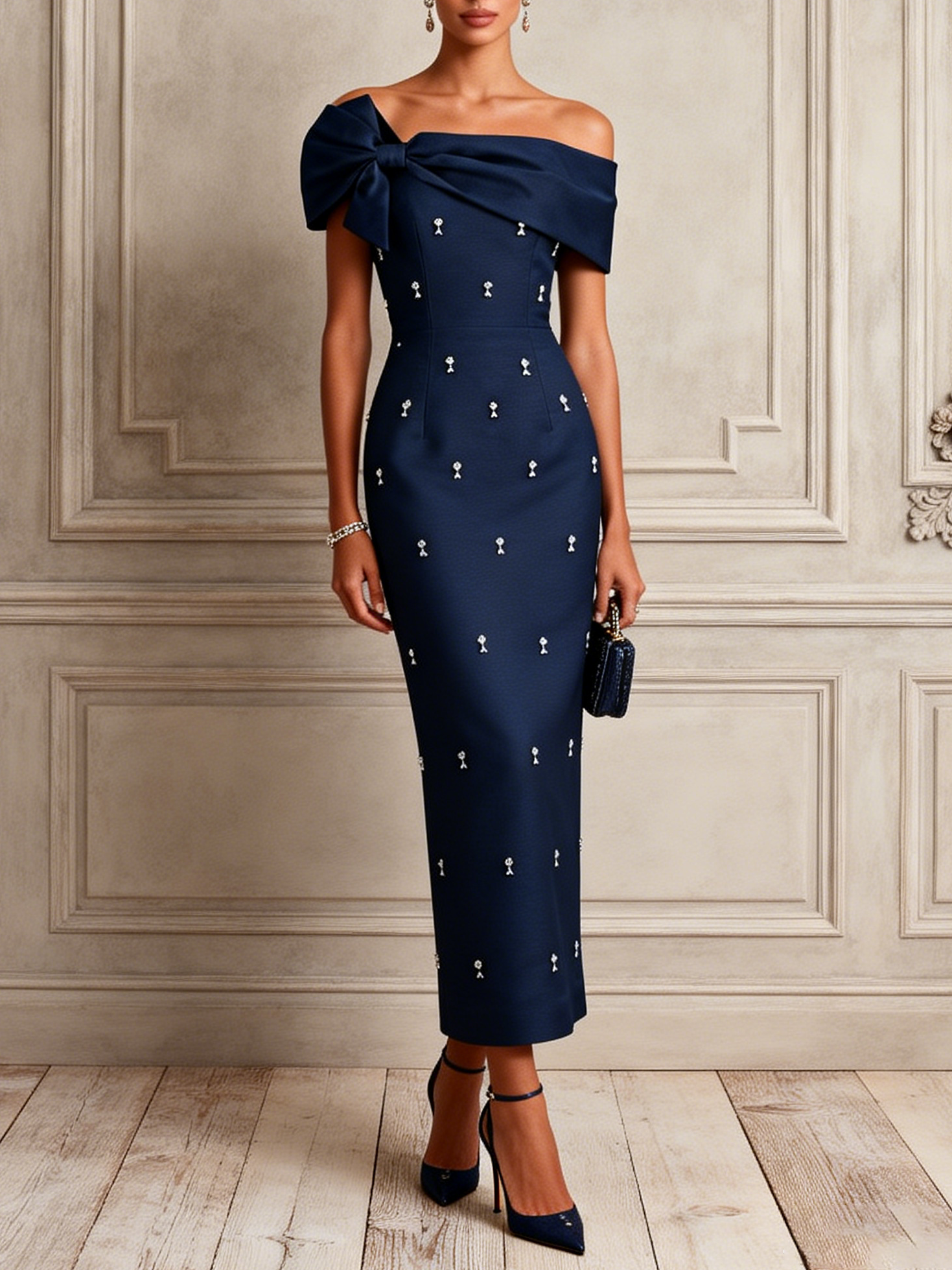 Purplish Blue Rhinestone Satin Off The Shoulder Short Sleeve Sheath Maxi Dress
