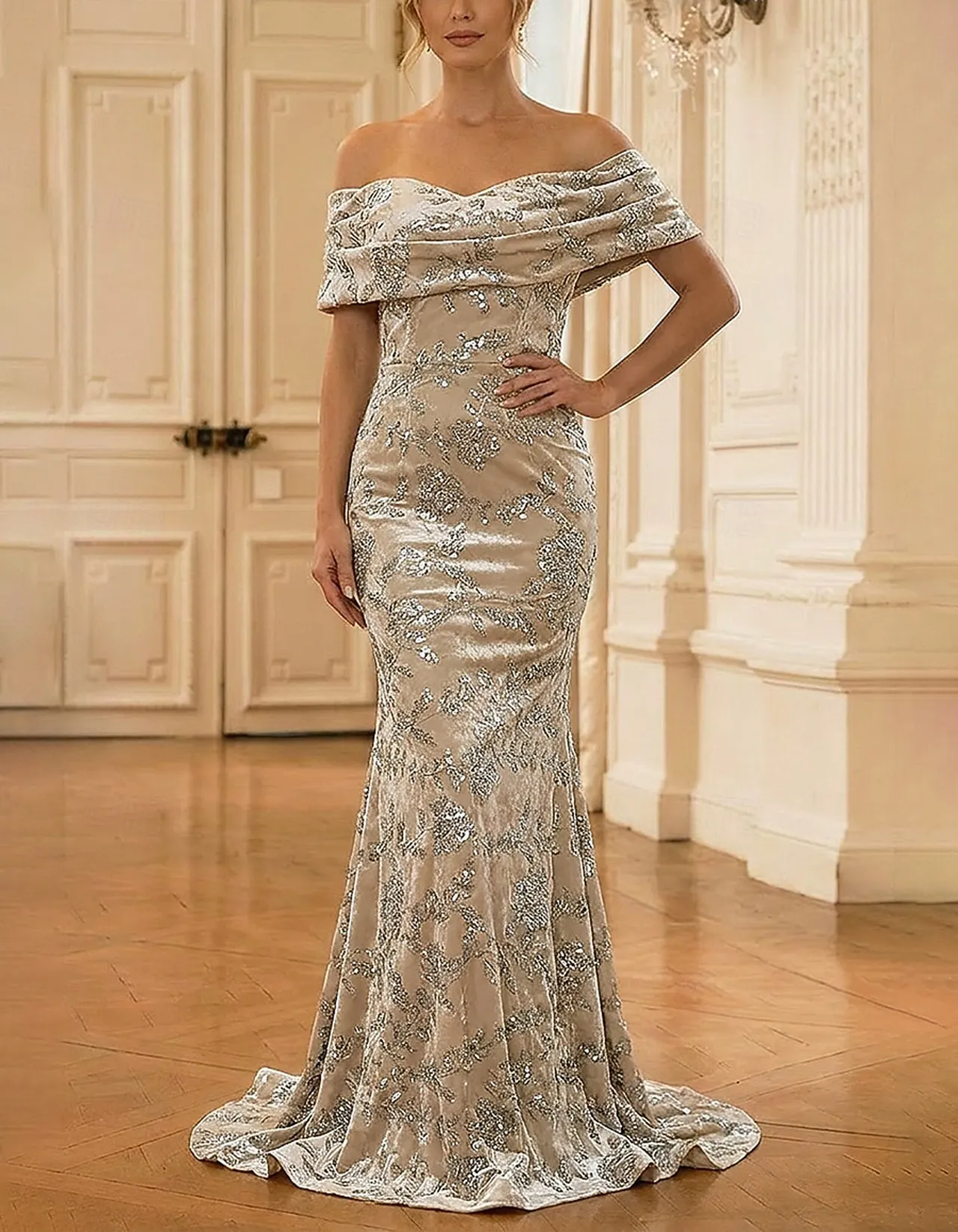 Champagne Off-the-Shoulder Velvet Sequin Maxi Dress