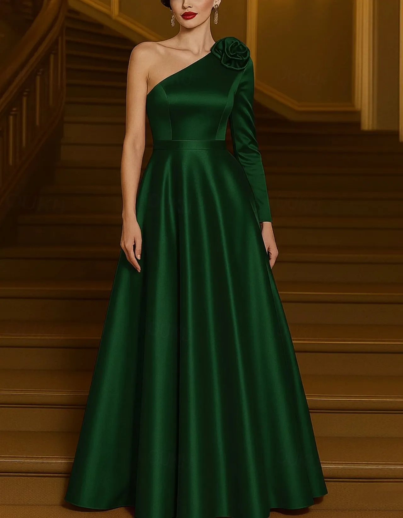 Black Satin One Shoulder With 3D Floral Detail Maxi Dress