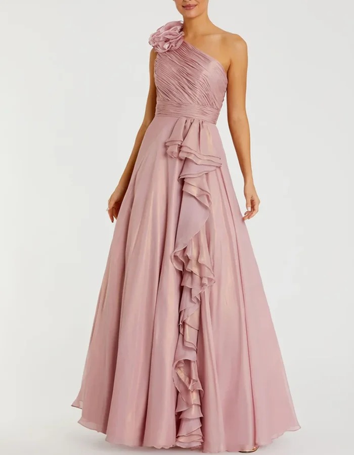 Pink One-Shoulder Ruched Chiffon Maxi Dress With 3D Floral