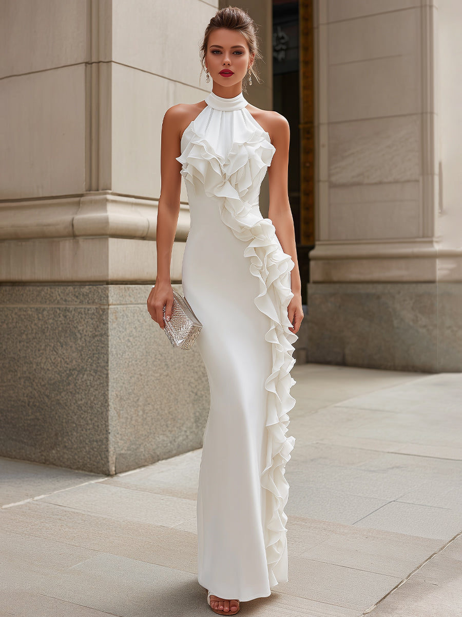 White Halter Neck Ruffle Trim Maxi Dress