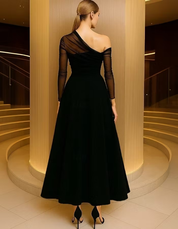 Asymmetrical One Shoulder Sheer Mesh Long Sleeve Midi Dress