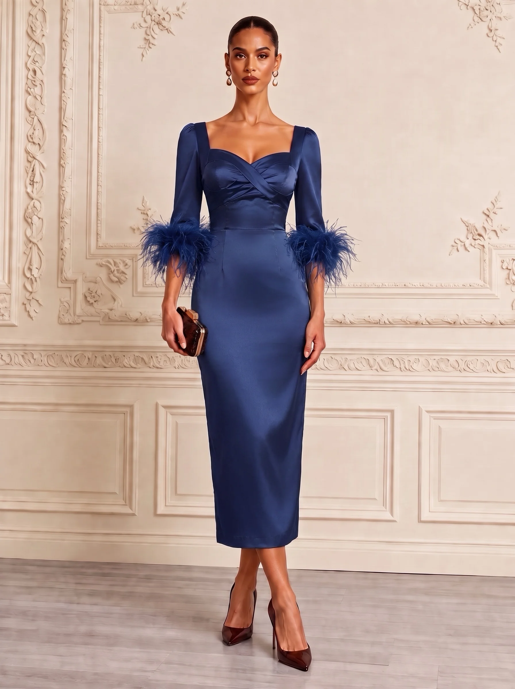 Blue Feather-trimmed Ruched Satin Square Neck Half Sleeve Sheath Midi Dress