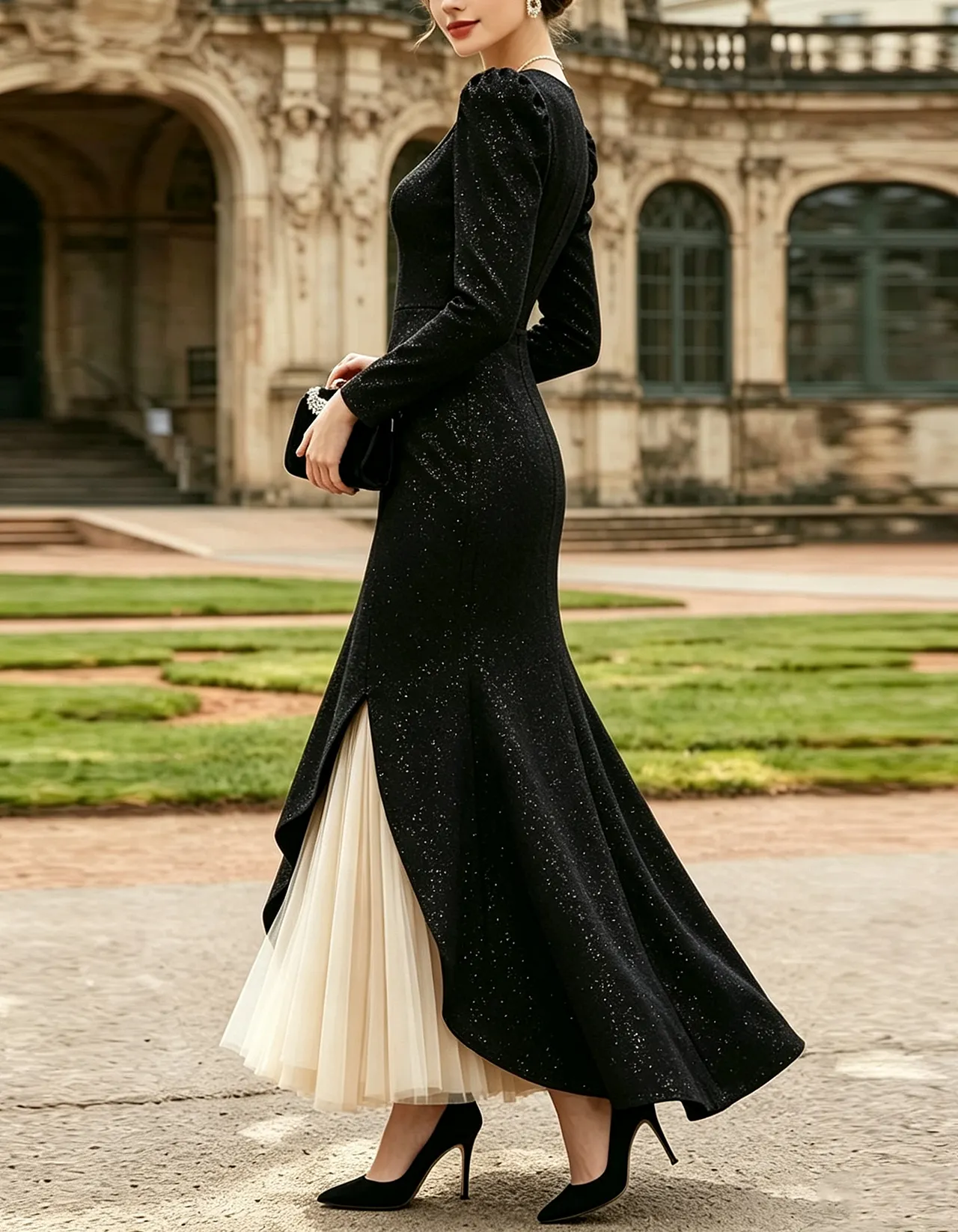 Black Square-neck Long-sleeve Velvet Top With Subtle Shimmer Maxi Dress