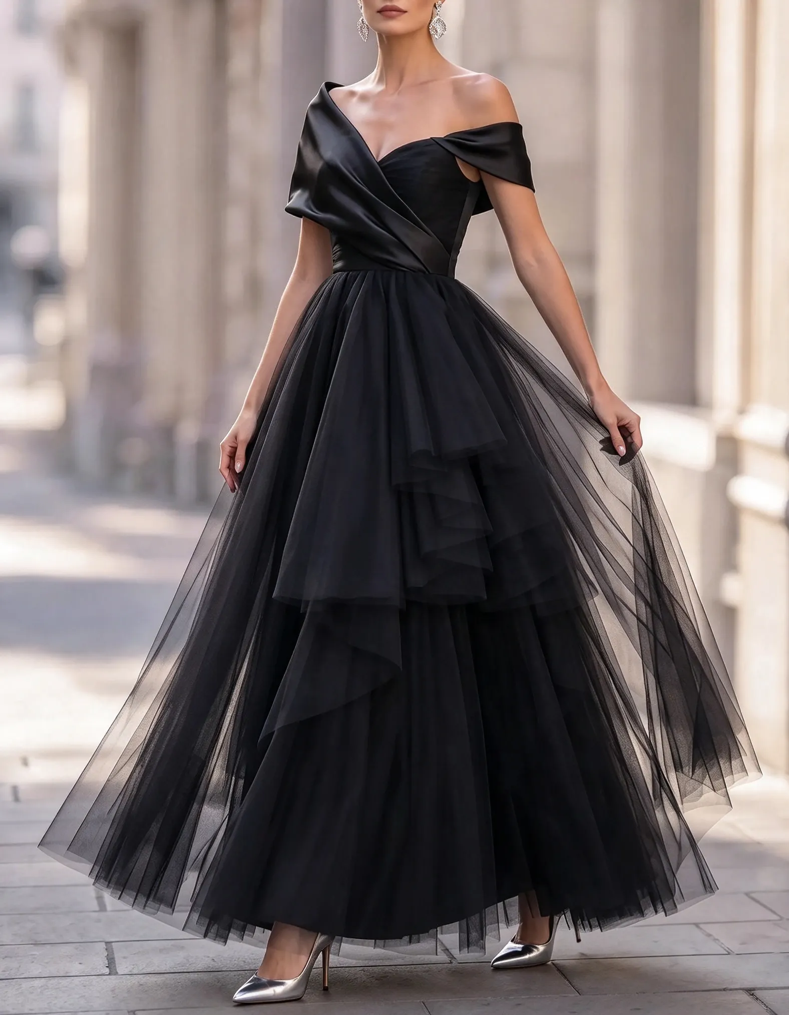 Off The Shoulder Satin Tiered Tulle A-Line Formal Maxi Dress