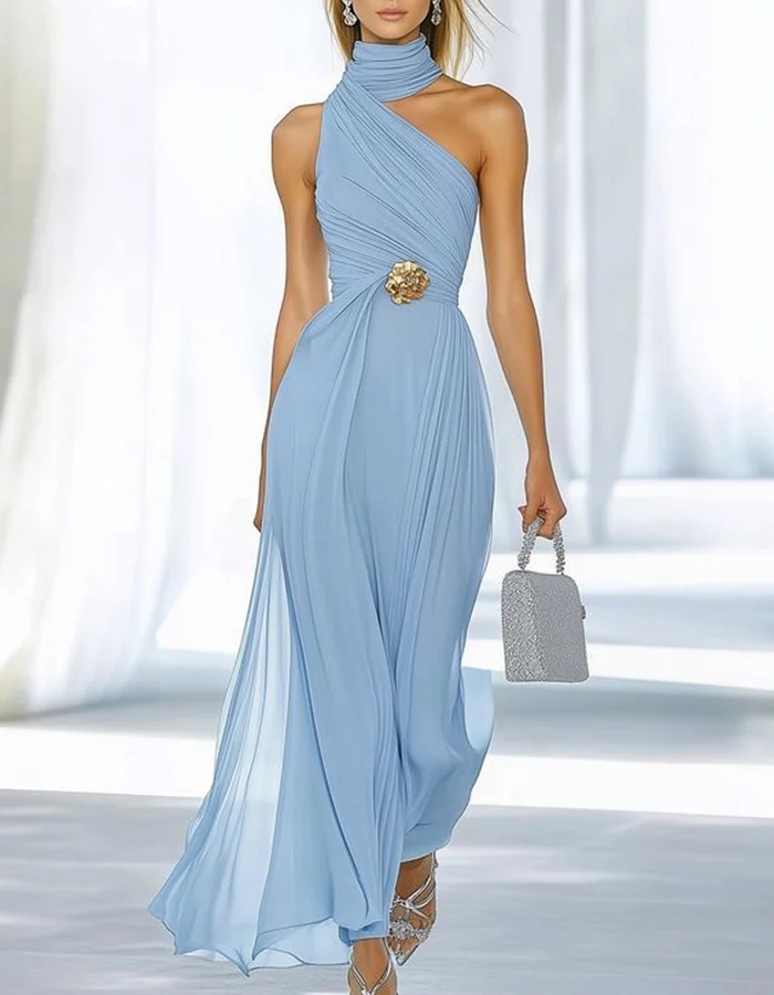 Sky Blue One-Shoulder High-Neck Ruched Chiffon Maxi Dress