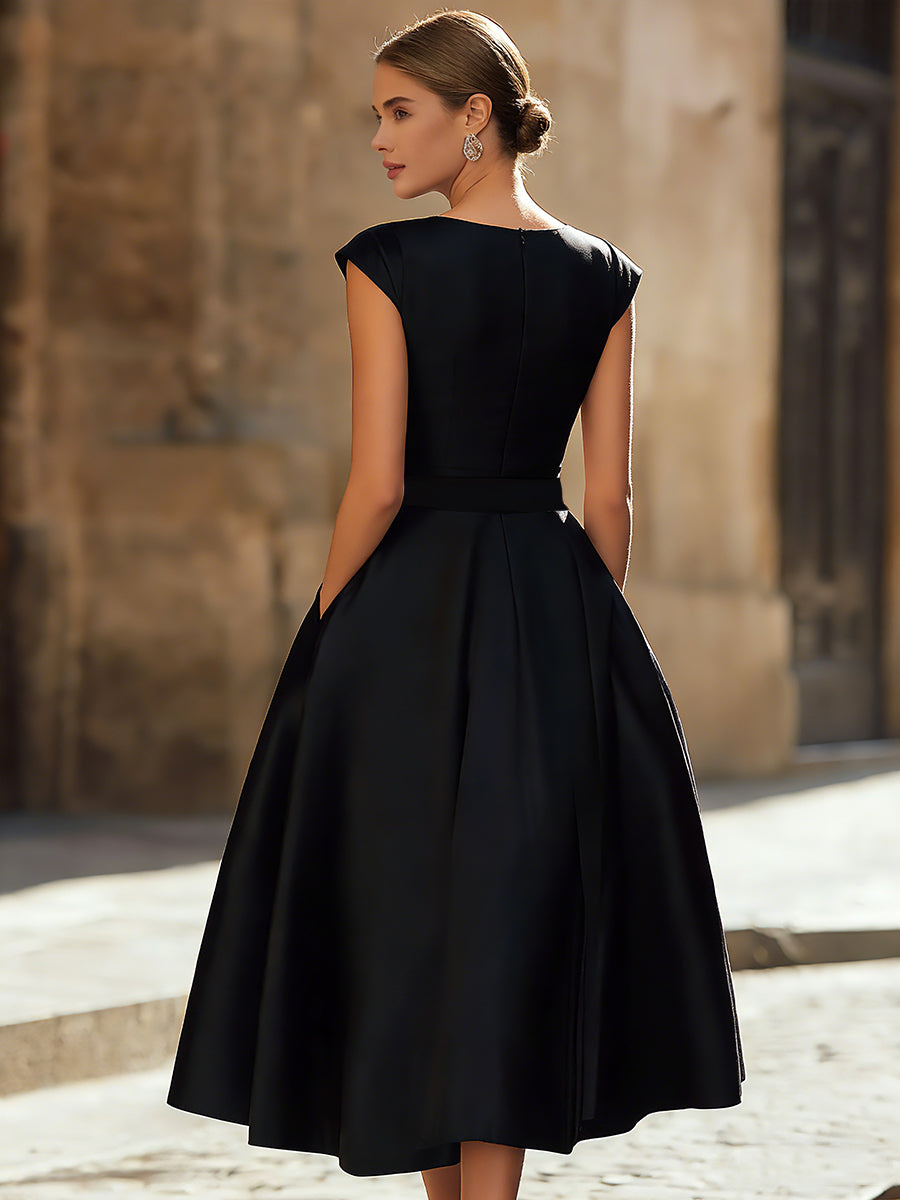 Timeless Elegance Boat-Neck A-Line Midi Dress With Oversized Side Bow