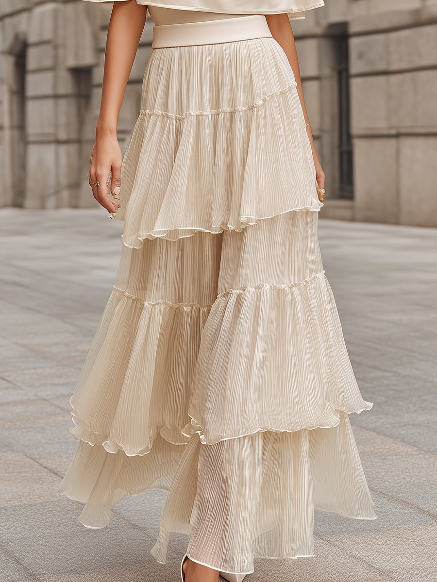 High-Waisted Tiered Pleated Maxi Skirt