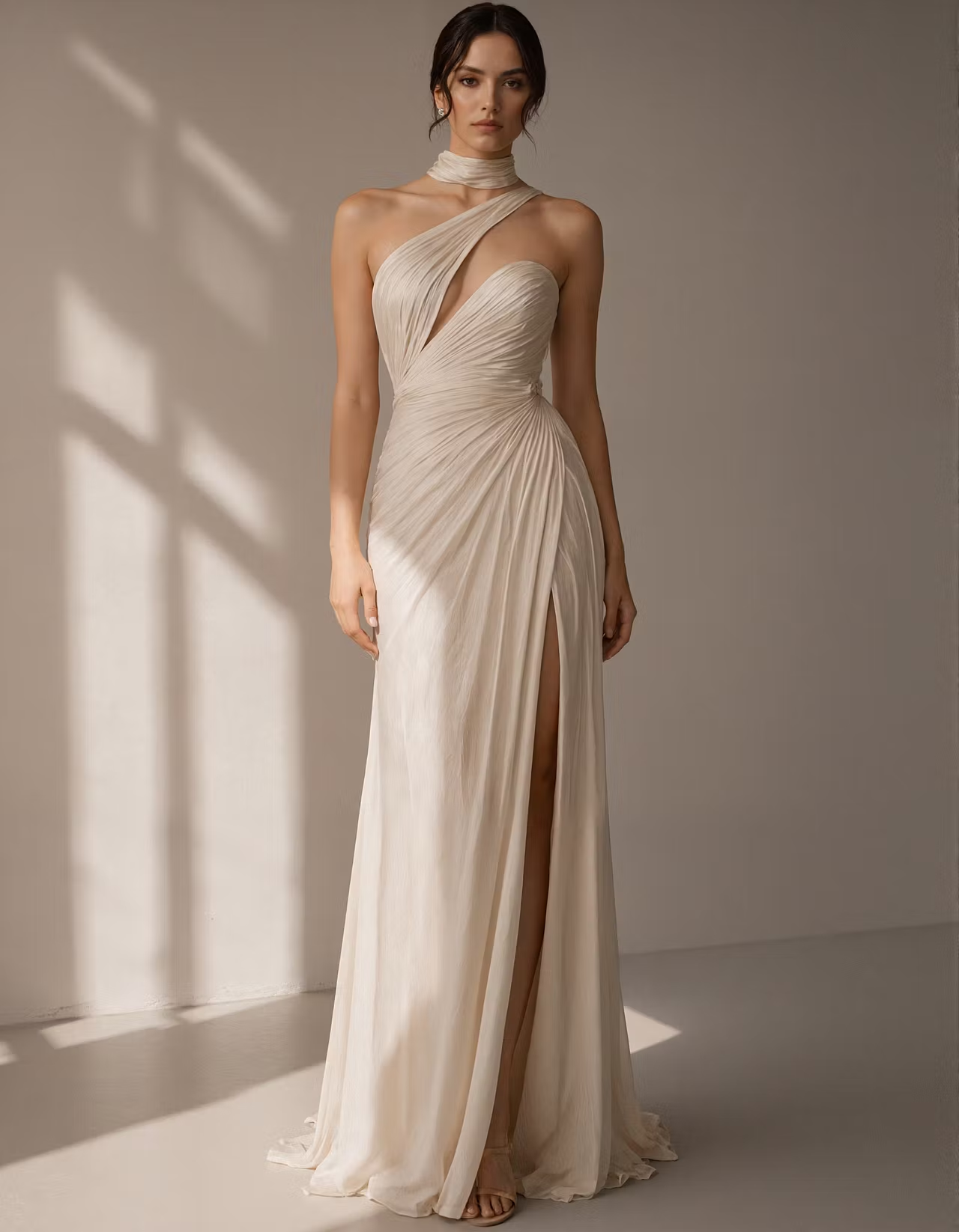 Light Champagne Colored Chiffon Open Back Cutout Maxi Dress