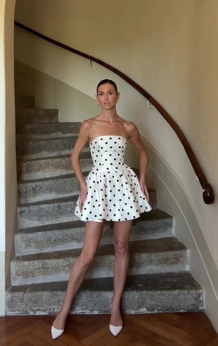 White Strapless Polka Dot Fit-and-Flare Mini Dress
