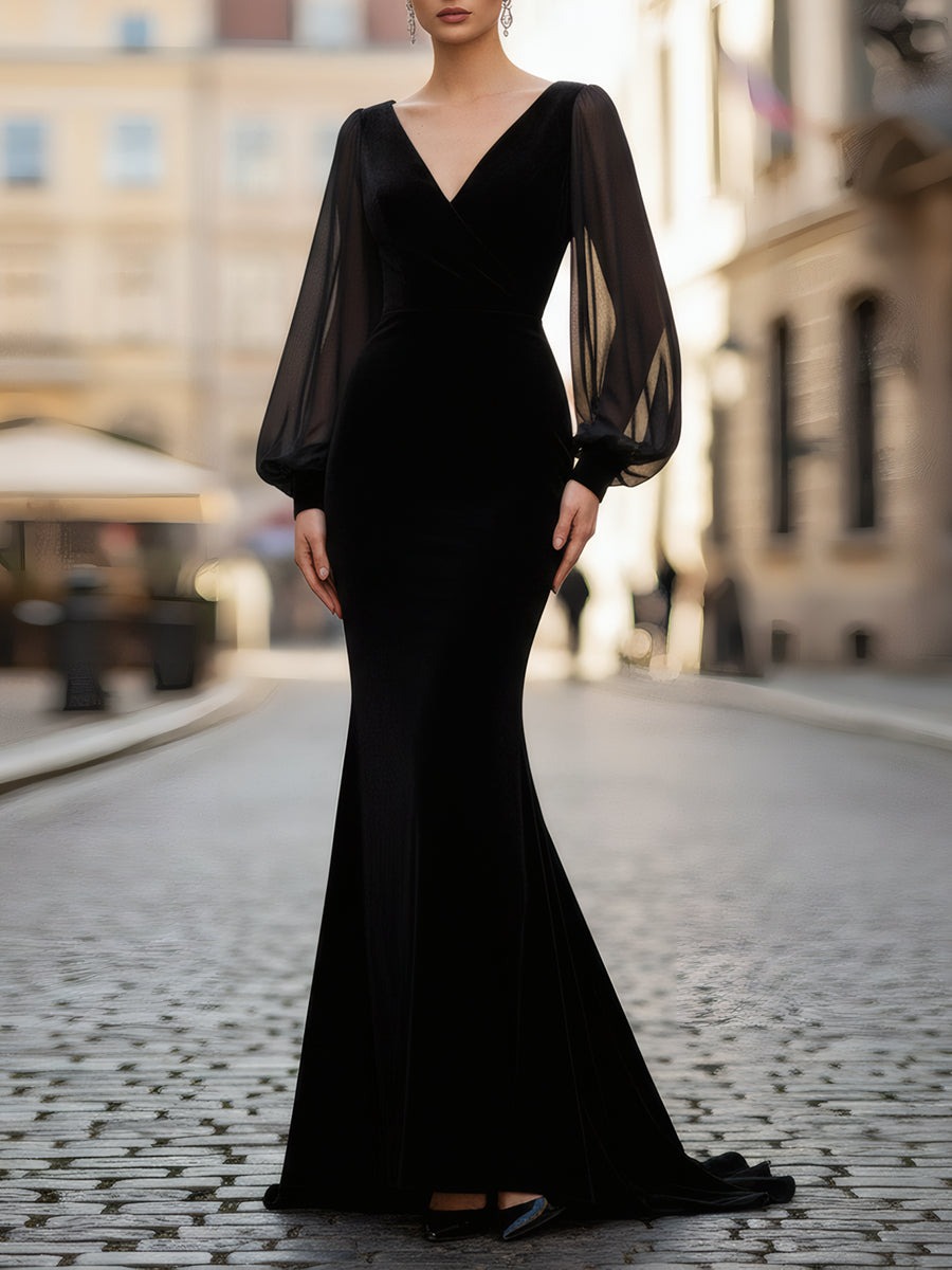 Sheer-Sleeve V-Neck Velvet Mermaid Gown